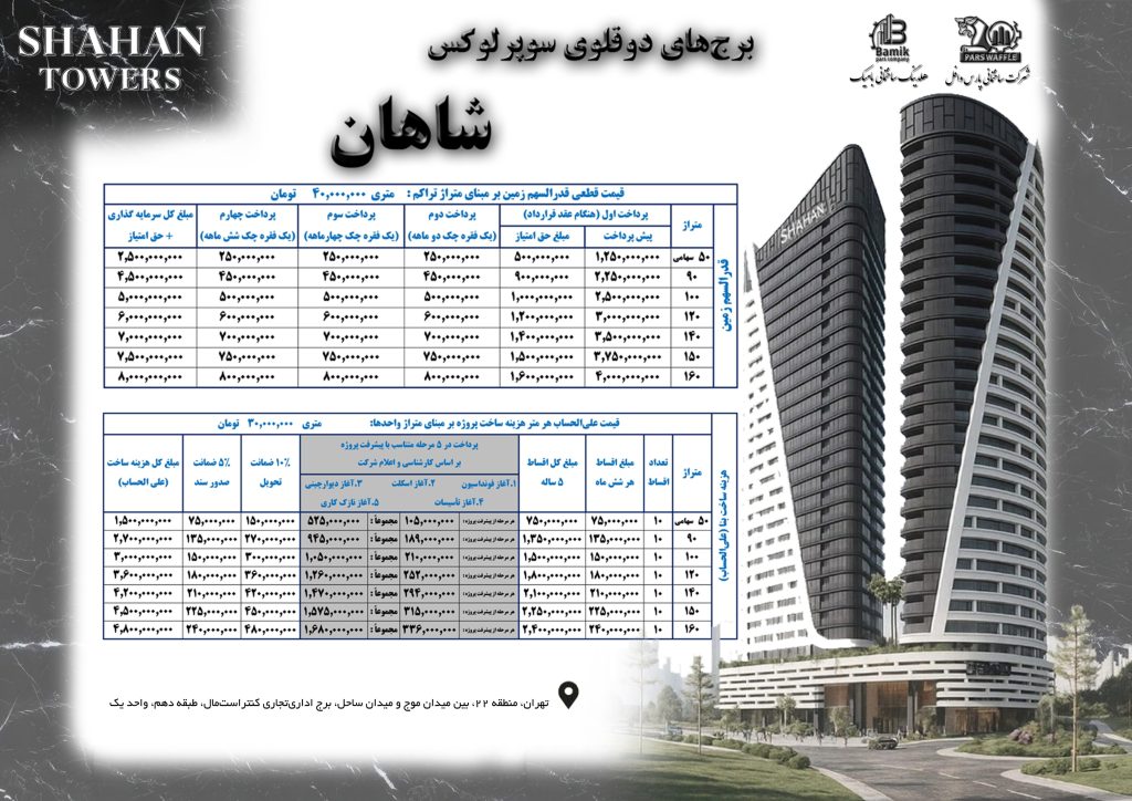 لیست قیمت پروژه برج های دوقلوی سوپرلوکس شاهان